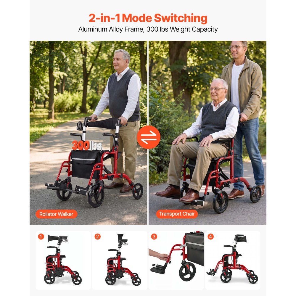 VEVOR 2-in-1 Rollator Walker & Transport Chair for Seniors, Foldable Rolling Walker Wheelchair, Lightweight Aluminum Mobility Walking Aid with Solid PVC Wheels, Cup & Cane Holder - Supports 300LBS