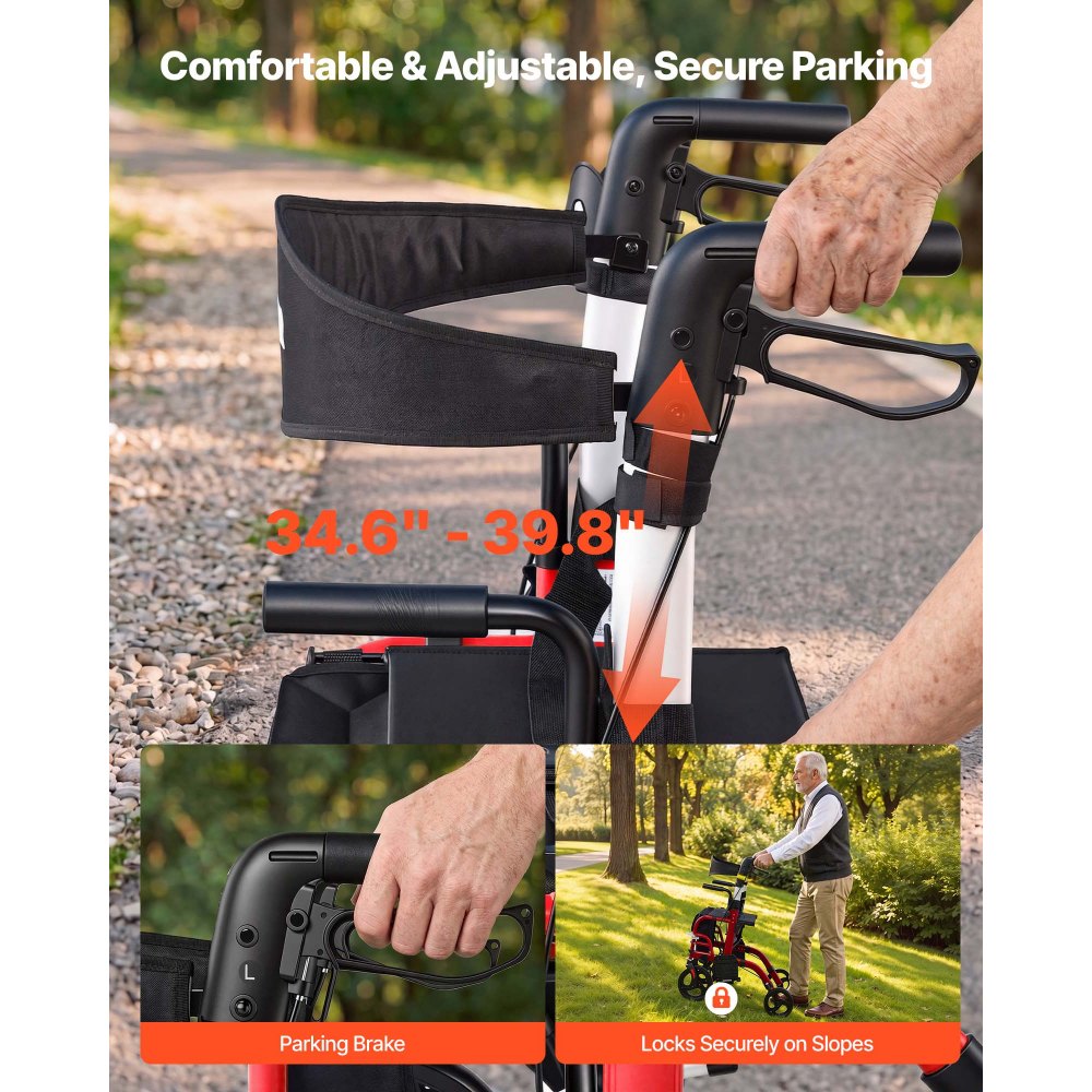 VEVOR 2-in-1 Rollator Walker & Transport Chair for Seniors, Foldable Rolling Walker Wheelchair, Lightweight Aluminum Mobility Walking Aid with Solid PVC Wheels, Cup & Cane Holder - Supports 300LBS