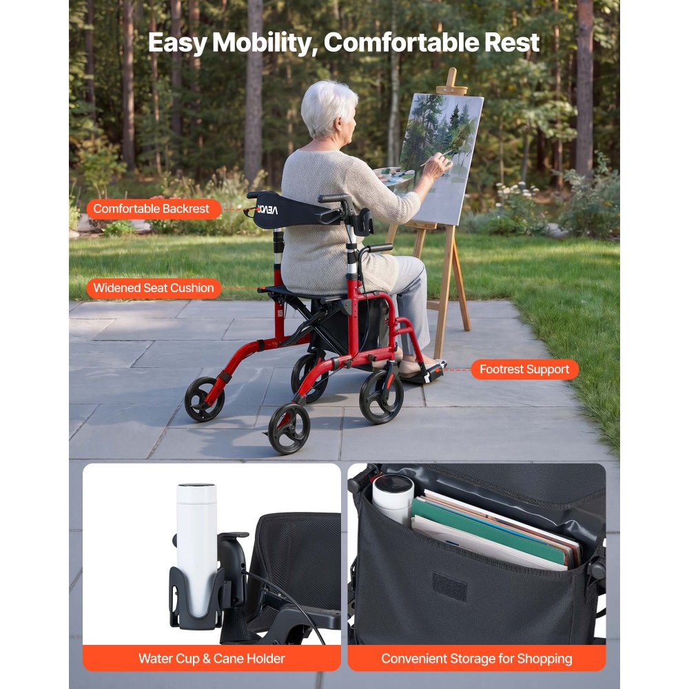 VEVOR 2-in-1 Rollator Walker & Transport Chair for Seniors, Foldable Rolling Walker Wheelchair, Lightweight Aluminum Mobility Walking Aid with Solid PVC Wheels, Cup & Cane Holder - Supports 300LBS