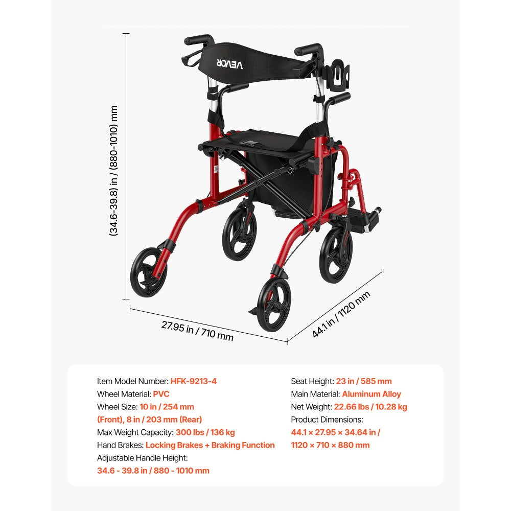 VEVOR 2-in-1 Rollator Walker & Transport Chair for Seniors, Foldable Rolling Walker Wheelchair, Lightweight Aluminum Mobility Walking Aid with Solid PVC Wheels, Cup & Cane Holder - Supports 300LBS