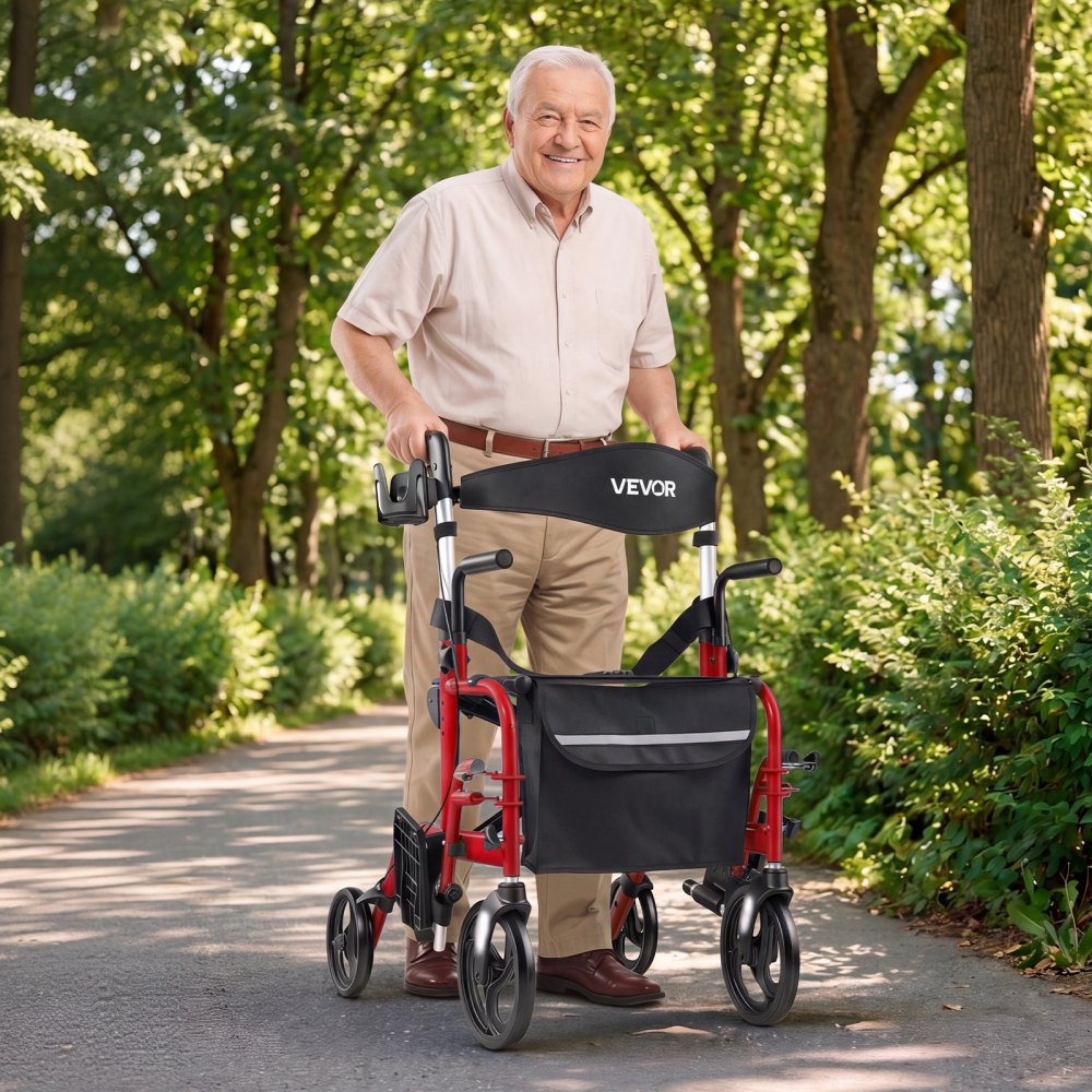 VEVOR 2-in-1 Rollator Walker & Transport Chair for Seniors, Foldable Rolling Walker Wheelchair, Lightweight Aluminum Mobility Walking Aid with Solid PVC Wheels, Cup & Cane Holder - Supports 300LBS