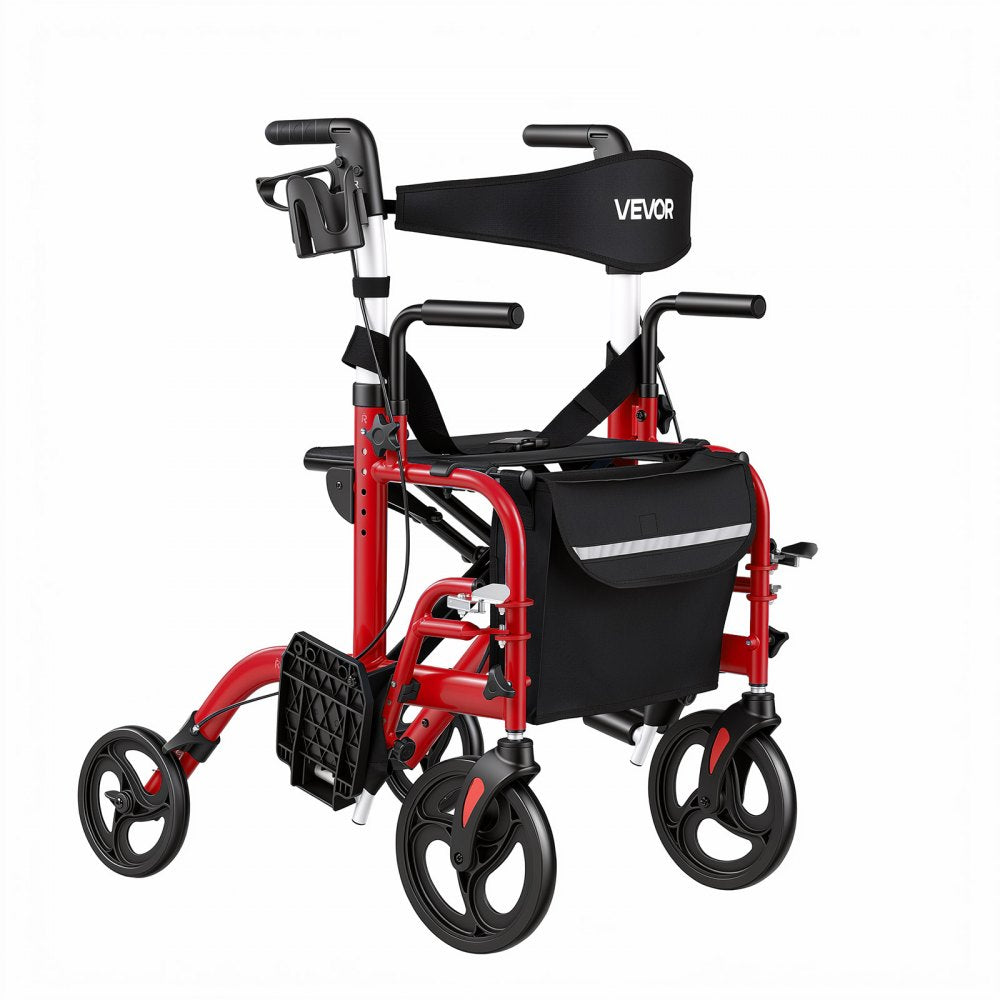 VEVOR 2-in-1 Rollator Walker & Transport Chair for Seniors, Foldable Rolling Walker Wheelchair, Lightweight Aluminum Mobility Walking Aid with Solid PVC Wheels, Cup & Cane Holder - Supports 300LBS