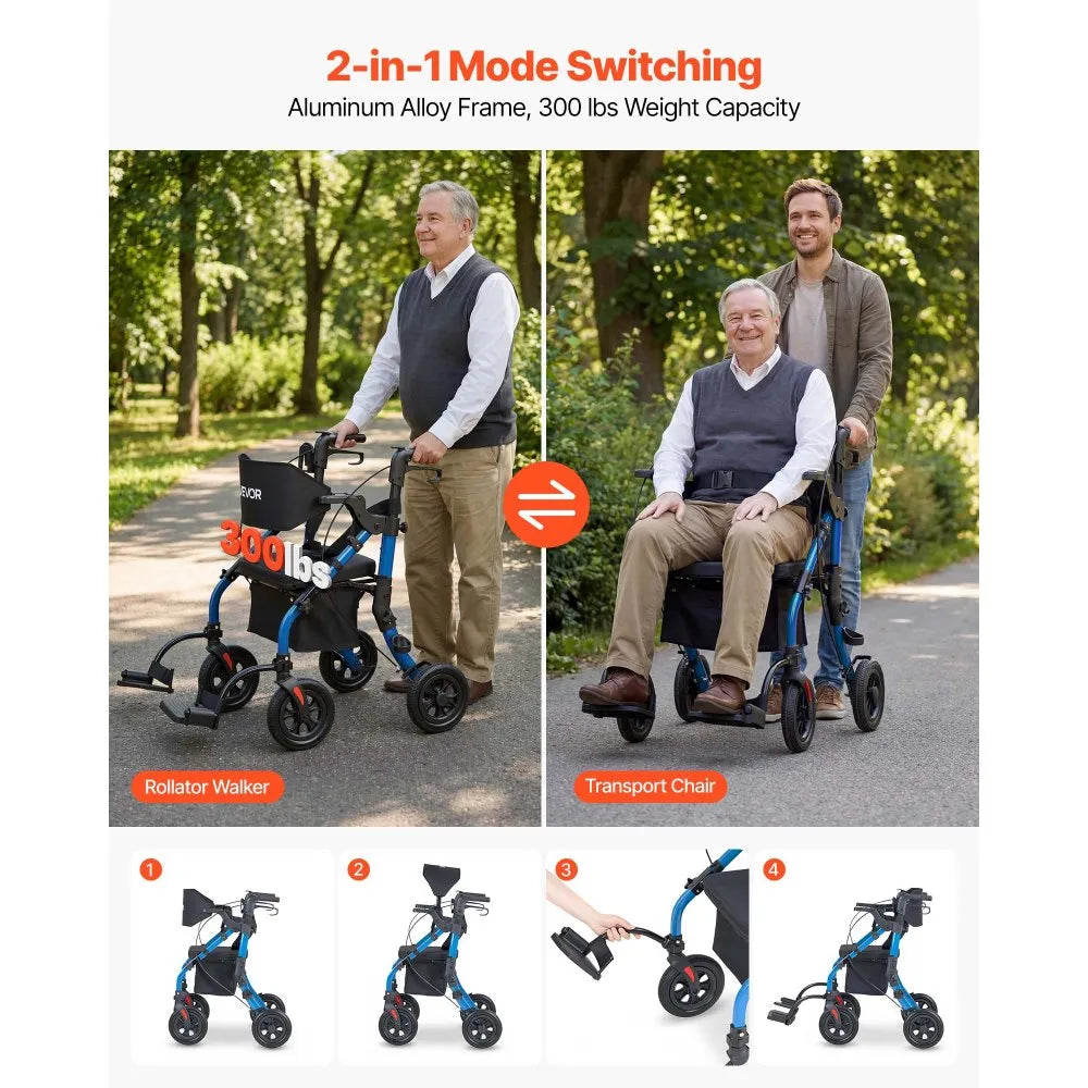 VEVOR 2-in-1 Rollator Walker & Transport Chair for Seniors, Foldable Rolling Walker Wheelchair, Lightweight Aluminum Mobility Walking Aid with Solid PU Wheels, Cup & Cane Holder - Supports 300LBS