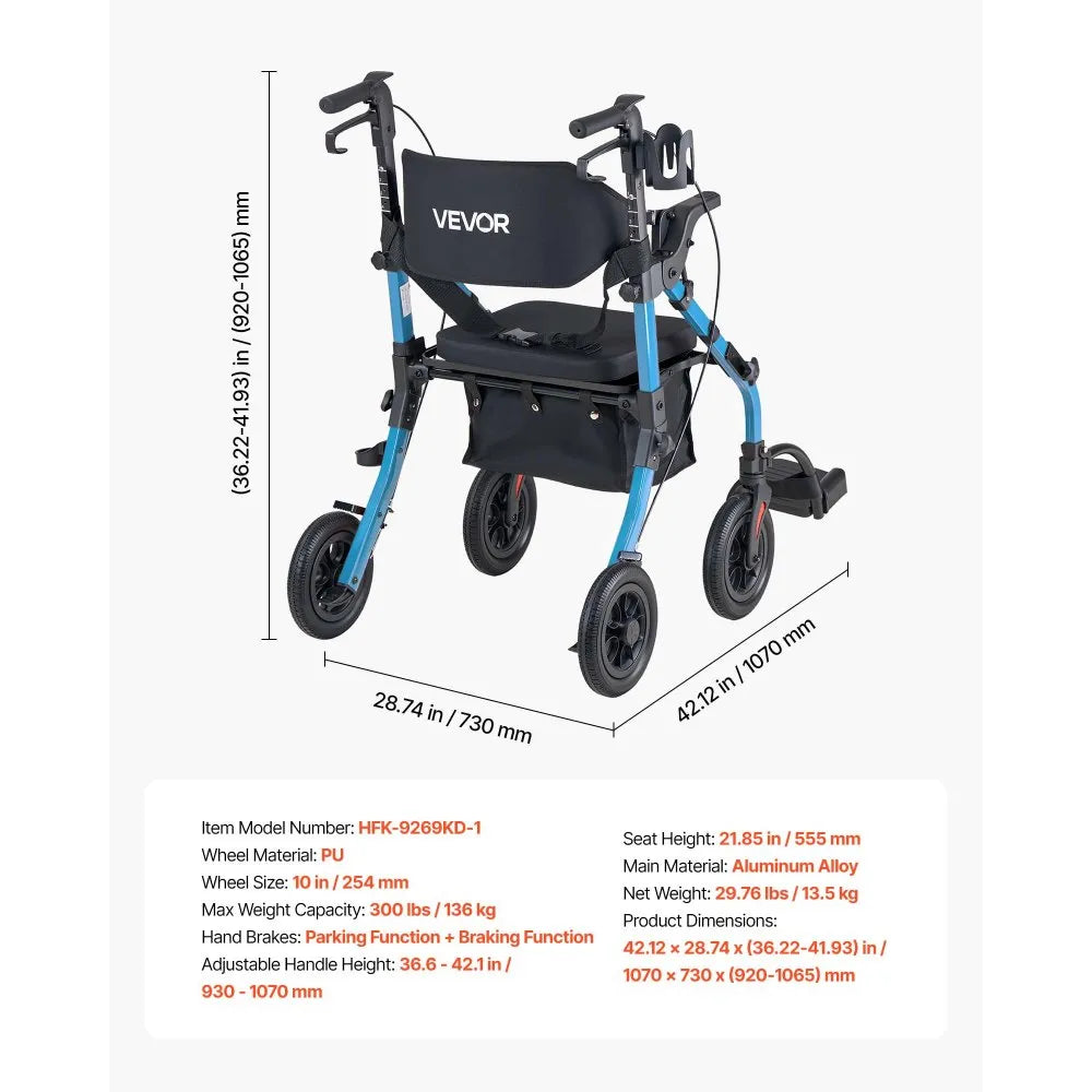 VEVOR 2-in-1 Rollator Walker & Transport Chair for Seniors, Foldable Rolling Walker Wheelchair, Lightweight Aluminum Mobility Walking Aid with Solid PU Wheels, Cup & Cane Holder - Supports 300LBS