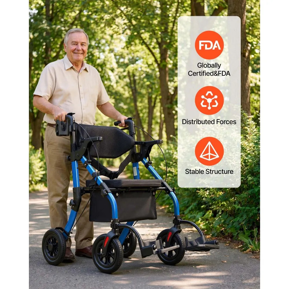 VEVOR 2-in-1 Rollator Walker & Transport Chair for Seniors, Foldable Rolling Walker Wheelchair, Lightweight Aluminum Mobility Walking Aid with Solid PU Wheels, Cup & Cane Holder - Supports 300LBS