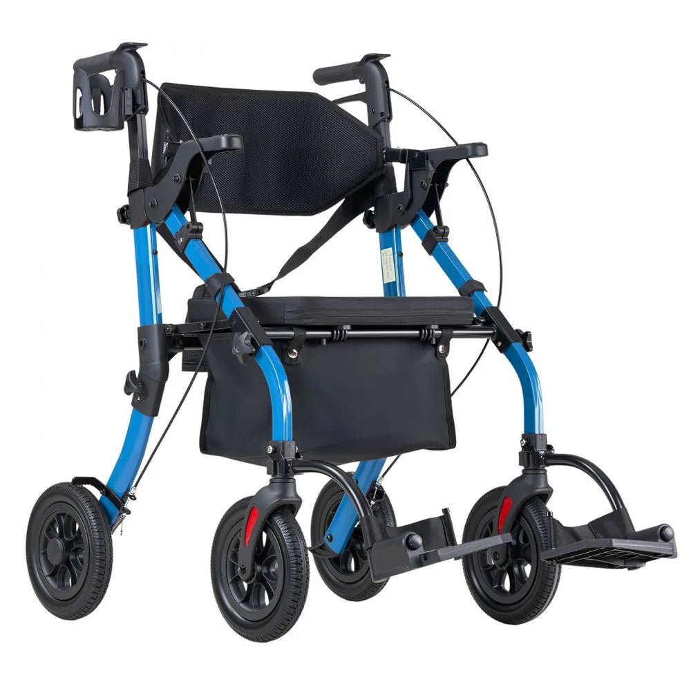 VEVOR 2-in-1 Rollator Walker & Transport Chair for Seniors, Foldable Rolling Walker Wheelchair, Lightweight Aluminum Mobility Walking Aid with Solid PU Wheels, Cup & Cane Holder - Supports 300LBS