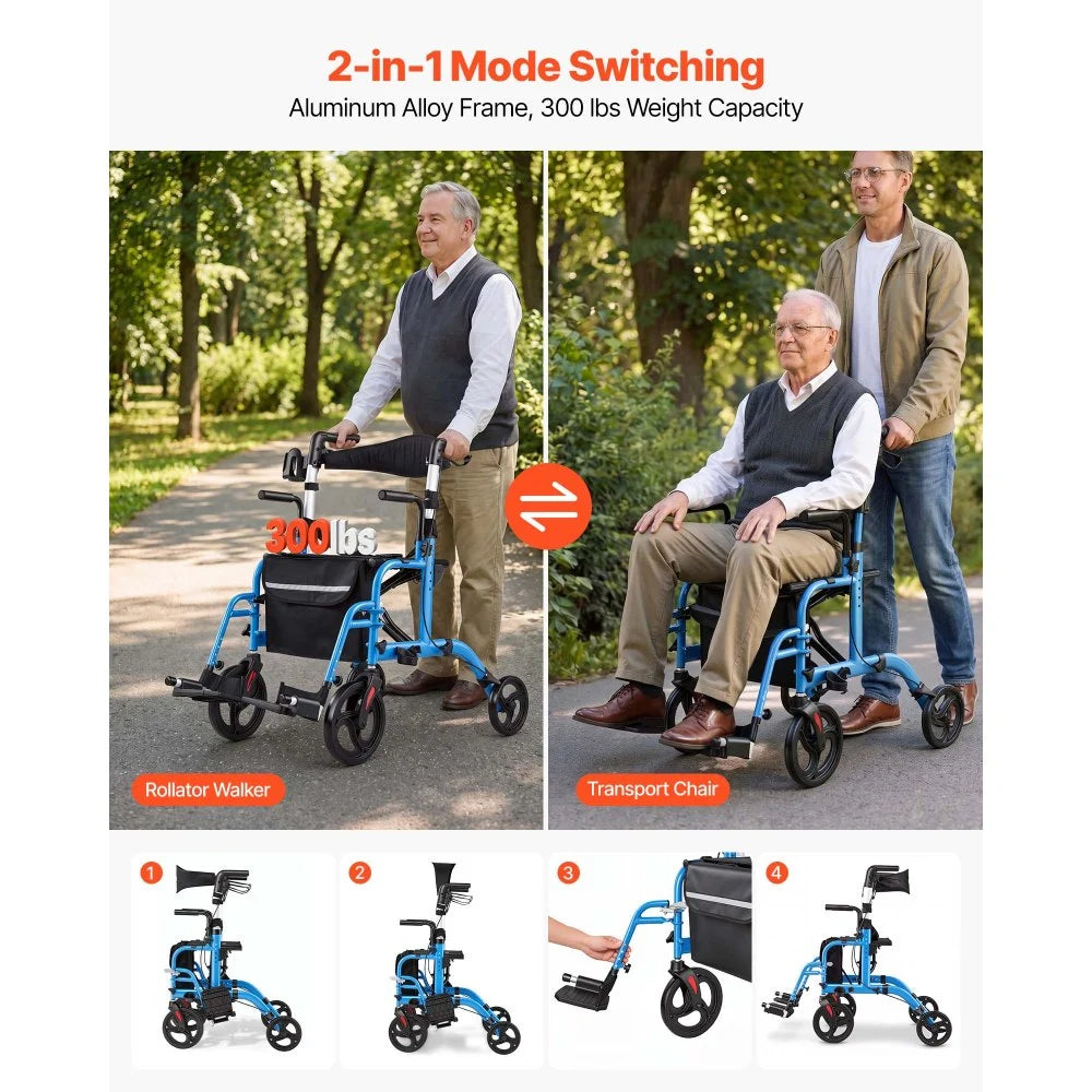 VEVOR 2-in-1 Rollator Walker & Transport Chair for Seniors, Foldable Rolling Walker Wheelchair, Lightweight Aluminum Mobility Walking Aid with Solid PVC Wheels, Cup & Cane Holder - Supports 300LBS