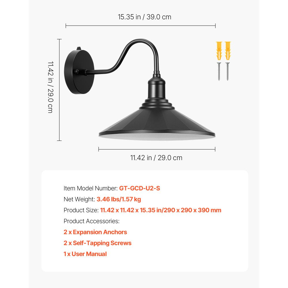 VEVOR Outdoor Barn Light, 11.5 in Diameter, 2-Pack Farmhouse Gooseneck Light Fixture, Dusk to Dawn Exterior Wall Sconce, with Anti-Rust, E26 Bulb Compatible for Porch, House, Entryway, Garage, Black