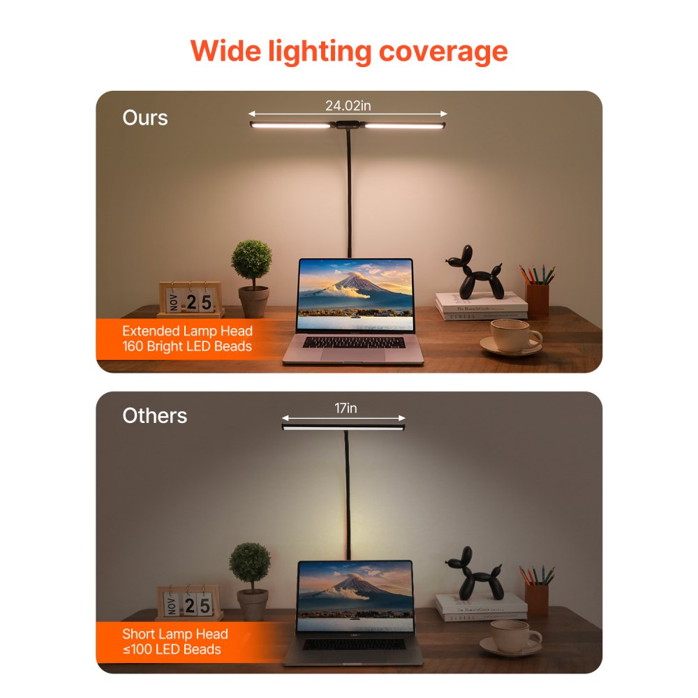 VEVOR LED Desk Lamp with Clamp, Double Head Architect Desk Lamp for Home Office, Eye-Caring Desk Light with 360° Adjustable Gooseneck, 50 Lighting Modes & Timer Function for Studying Working Drawing