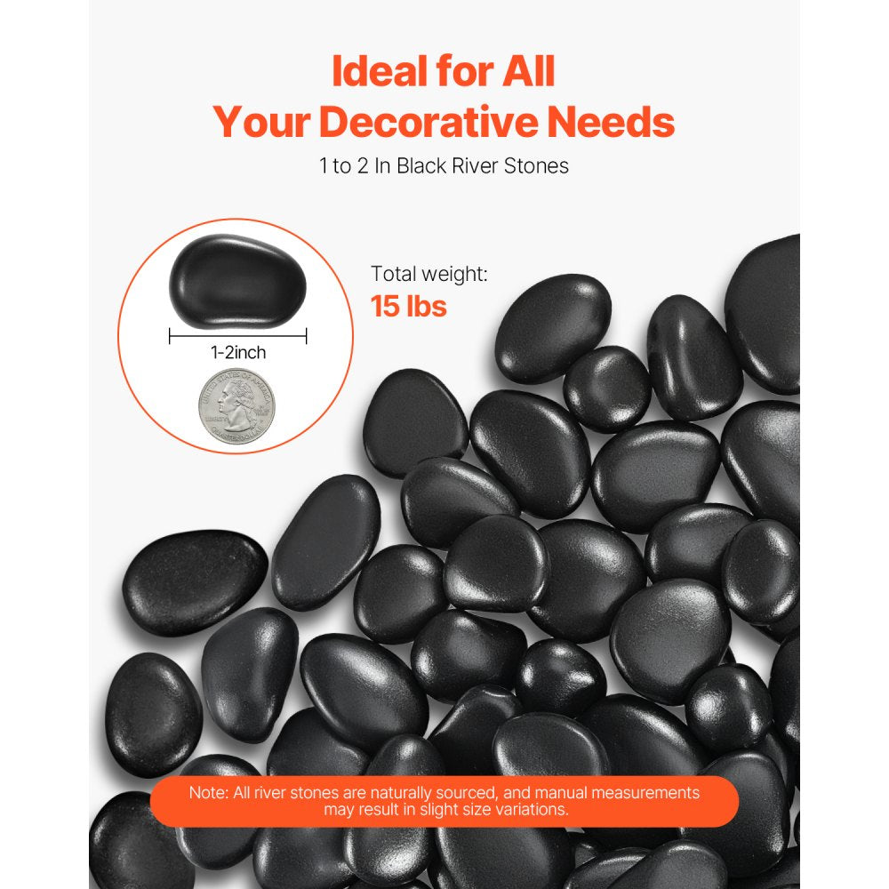VEVOR Black River Rocks, 1-2 inch 15 lbs, Smooth & Polished Natural Pebble Stones, Decorative Garden Landscaping Stones, Paving Plant Rocks for Fish Tank, Flower Pots, Water Fountains, Pathways, Backyard