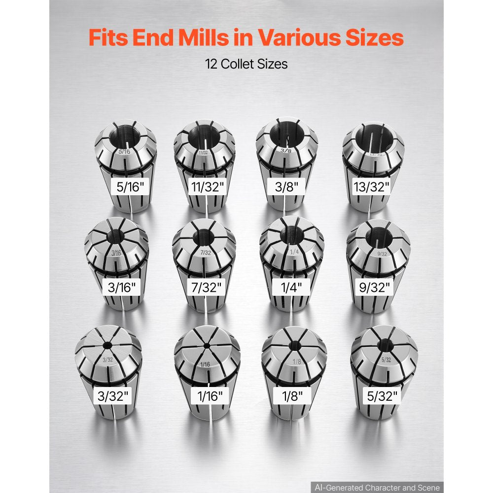 VEVOR ER16 Collet Set 1/16"-13/32" 12 Piece ER16 Spring Collet Chuck Set, for CNC Milling Machines & Drill Presses, 0.0008" TIR High Concentricity, Lathe Chuck Tool with Storage Case, Alloy Steel