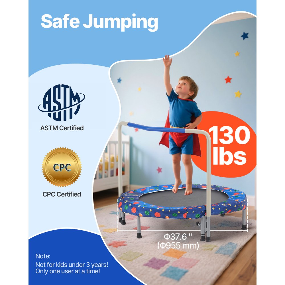 VEVOR 36" Kids Trampoline, 3FT Indoor Outdoor Trampoline, Foldable Mini Trampoline with Handle, Rebounder Trampoline for Toddlers, Birthday Gift for 3+ Years Children, Boys Girls for Fun, Bule