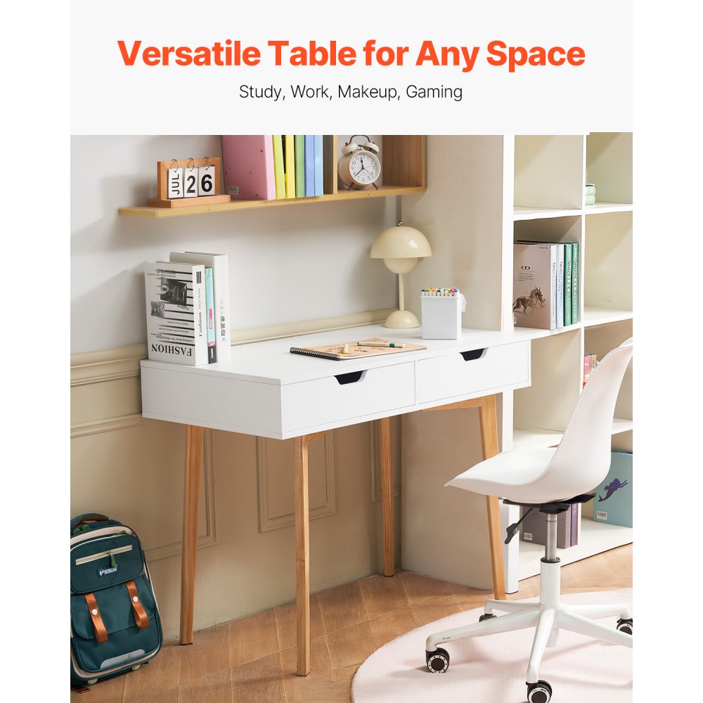 VEVOR Small Desk with Drawers, Kids Desk for Bedroom, Wooden Simple Study Table for Drawing, Reading, Writing, Rectangle MDF Furniture Study Storage Table for Home, Office, White + Wood