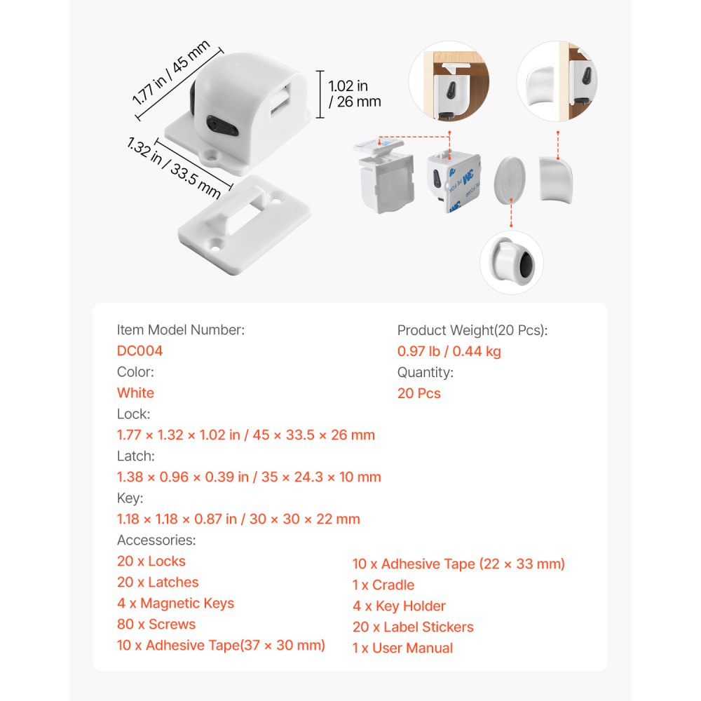 VEVOR Child Safety Magnetic Cabinet Locks, 20 Packs Baby Proofing Cabinet Locks with 4 Keys & 4 Holders, 2 Installation Choice, 3M Adhesives & Screws Included, Children Proof Cupboard Drawers Latches