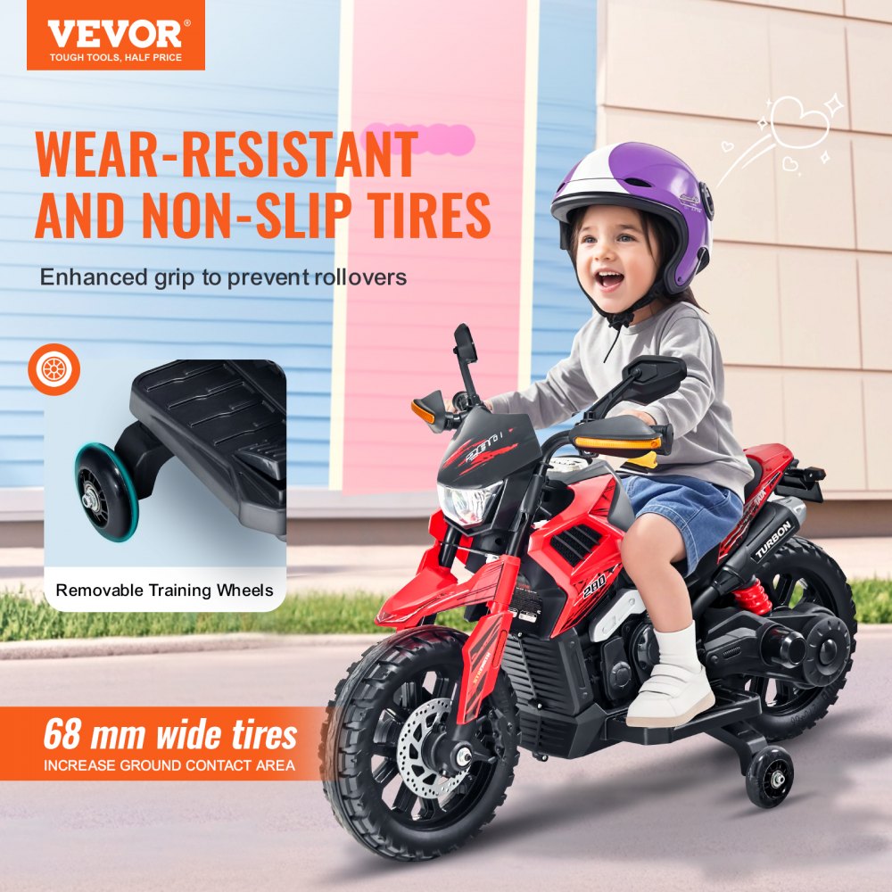 VEVOR Kids Ride On Motorcycle, 12V Battery Powered Electric Motorcycle with Speed Up to 3mph, Detachable Training Wheels, Headlight, LED Light, Music, Bluetooth, Gift for Children Boys Girls Aged 3-4