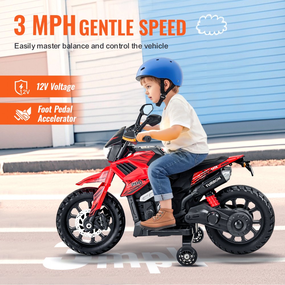 VEVOR Kids Ride On Motorcycle, 12V Battery Powered Electric Motorcycle with Speed Up to 3mph, Detachable Training Wheels, Headlight, LED Light, Music, Bluetooth, Gift for Children Boys Girls Aged 3-4