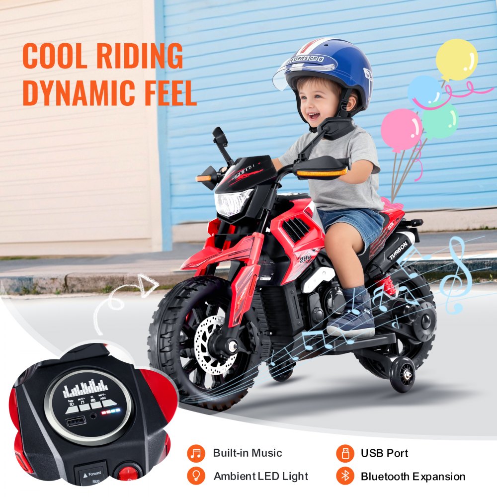 VEVOR Kids Ride On Motorcycle, 12V Battery Powered Electric Motorcycle with Speed Up to 3mph, Detachable Training Wheels, Headlight, LED Light, Music, Bluetooth, Gift for Children Boys Girls Aged 3-4