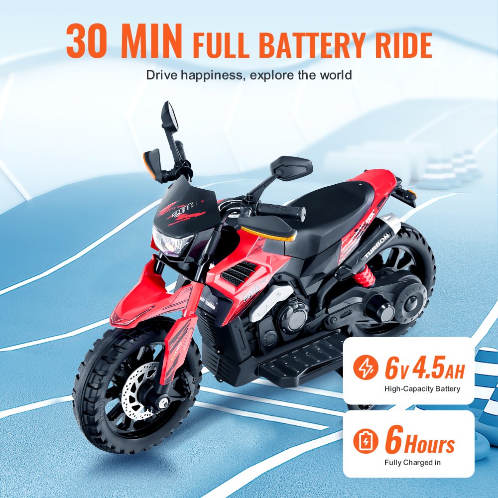VEVOR Kids Ride On Motorcycle, 6V Battery Powered Electric Motorcycle with Speed Up to 3mph, Detachable Training Wheels, Headlight, LED Light, Music, Bluetooth, Gift for Children Boys Girls Aged 3-4