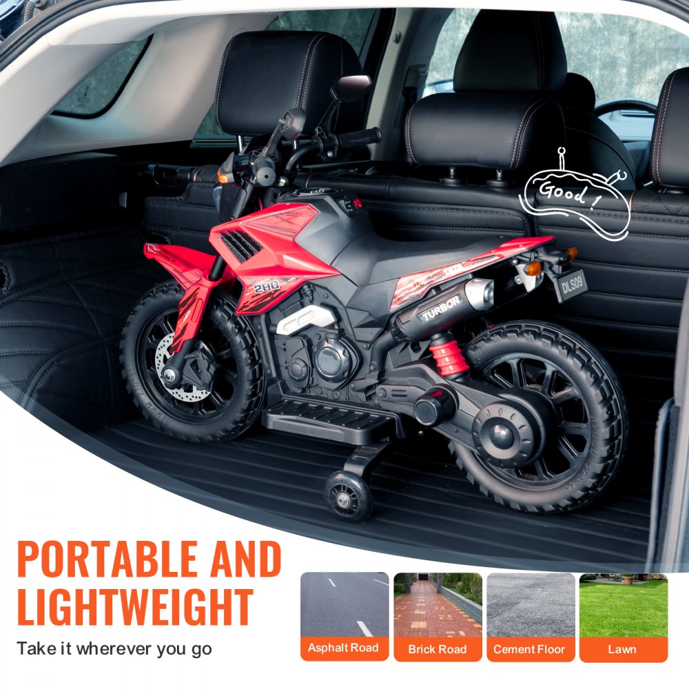 VEVOR Kids Ride On Motorcycle, 6V Battery Powered Electric Motorcycle with Speed Up to 3mph, Detachable Training Wheels, Headlight, LED Light, Music, Bluetooth, Gift for Children Boys Girls Aged 3-4