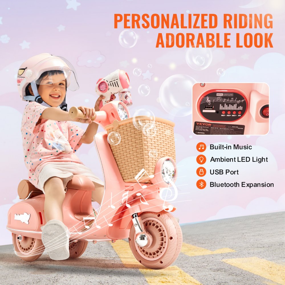 VEVOR Kids Ride On Motorcycle, 12V Battery Powered Electric Motorcycle Trike with Speed Up to 2mph, Headlight, LED Light, Music, Bluetooth, Basket, 3 Wheel Ride on Toys for Boys Girls Aged 3-4