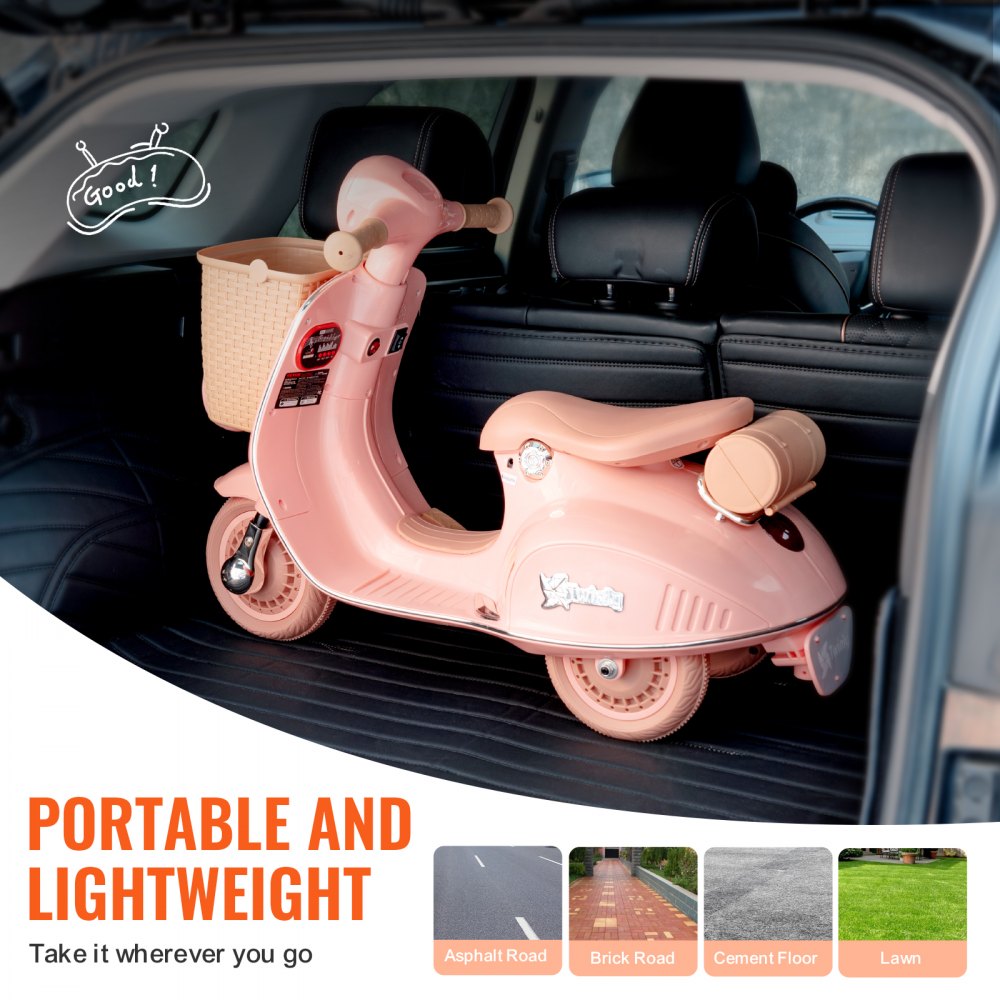 VEVOR Kids Ride On Motorcycle, 12V Battery Powered Electric Motorcycle Trike with Speed Up to 2mph, Headlight, LED Light, Music, Bluetooth, Basket, 3 Wheel Ride on Toys for Boys Girls Aged 3-4