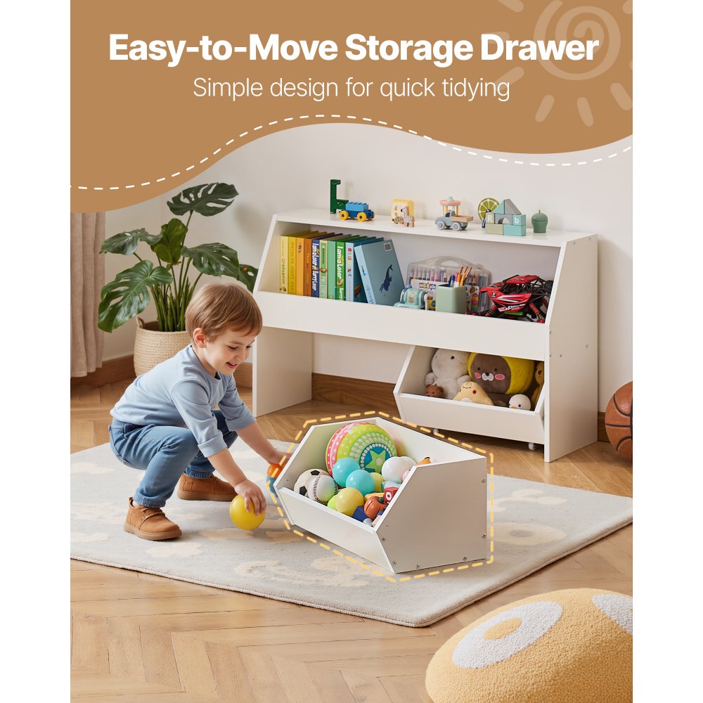 VEVOR Toy Storage Organizer, Wooden Kids Bookshelf with Storage, Toy Storage Cabinet with 2 Mobile Drawers, Kids Storage Organizer for Bedroom, Nursery, Living Room, Entryway, Preschool, White