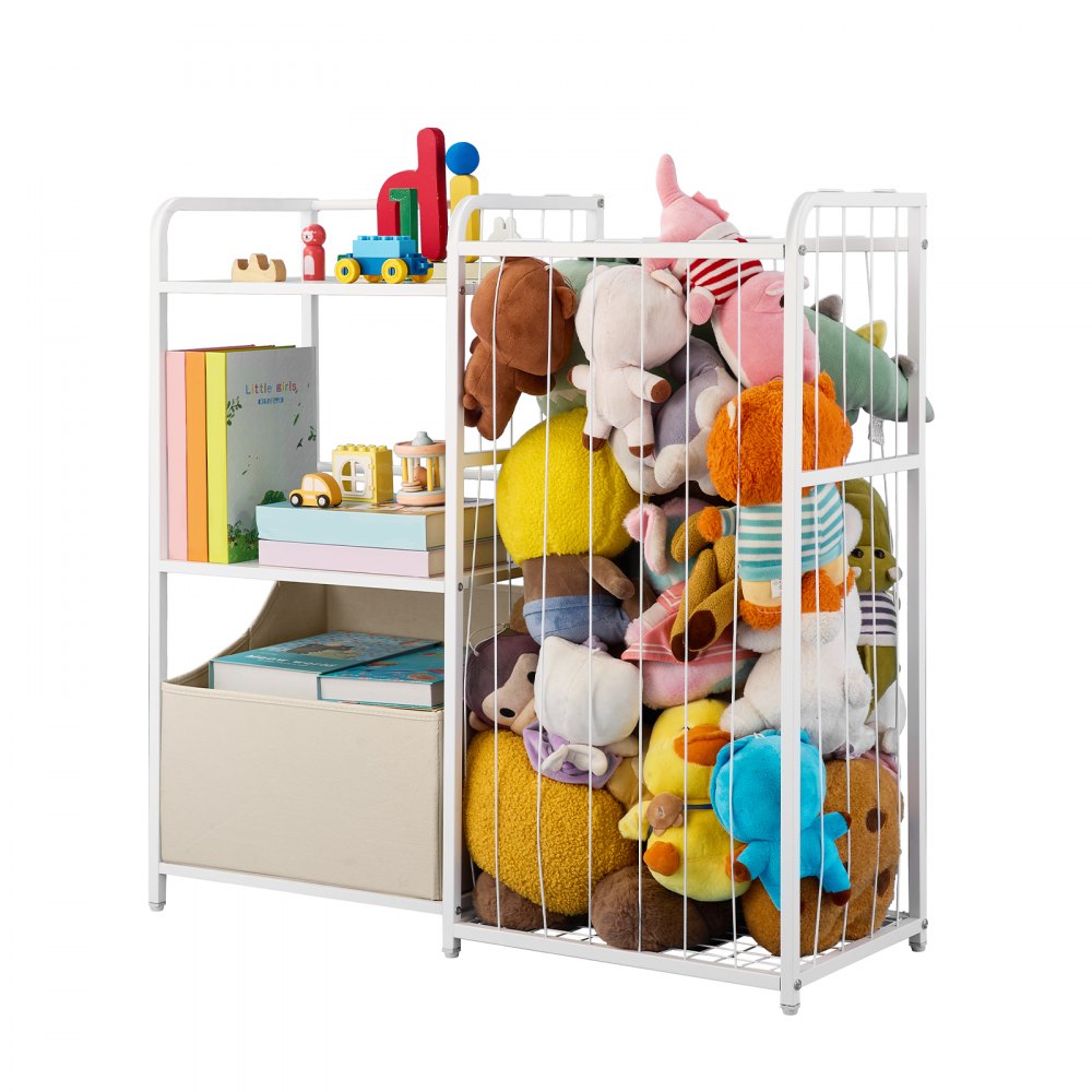 VEVOR Kids Bookshelf and Stuffed Animal Storage, Toy Storage Organizer, 2-Tier Book Shelf with Fabric Toy Chest, Toy Storage for Kids Room, Living Room, Entryway, Nursury, Preschool, White