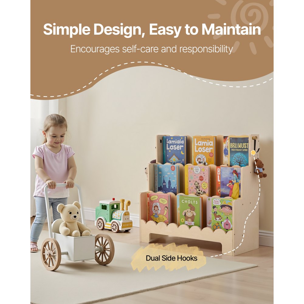 VEVOR Montessori Bookshelf, 3-Tier Scalloped Kids Bookshelf, Front Facing Toddler Bookcase, Dual Hooks for Hanging Backpacks, Baby Bookshelf for Kids Room, Living Room, Entryway, Nursury, Preschool