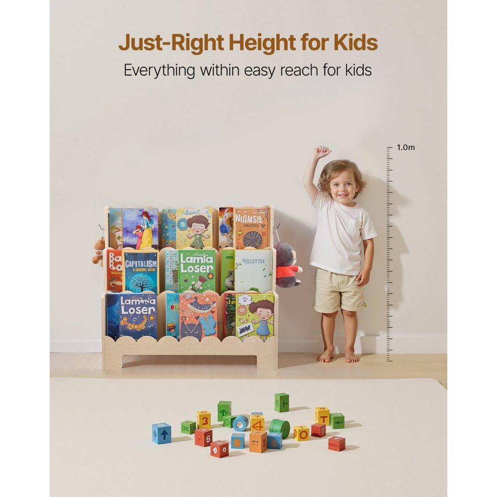 VEVOR Montessori Bookshelf, 3-Tier Scalloped Kids Bookshelf, Front Facing Toddler Bookcase, Dual Hooks for Hanging Backpacks, Baby Bookshelf for Kids Room, Living Room, Entryway, Nursury, Preschool