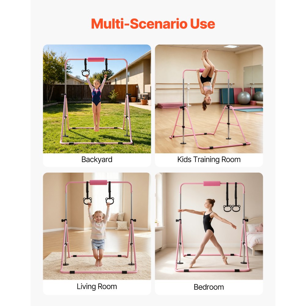 VEVOR Gymnastic Bars for Kids, 140 lbs Capacity Folding Training Kip Bar, Adjustable Height Gymnastic Horizontal Bar for Home, Training Equipment for Indoor and Outdoor, Easy to Assemble, Pink