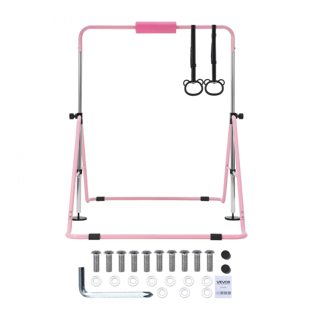 VEVOR Gymnastic Bars for Kids, 140 lbs Capacity Folding Training Kip Bar, Adjustable Height Gymnastic Horizontal Bar for Home, Training Equipment for Indoor and Outdoor, Easy to Assemble, Pink