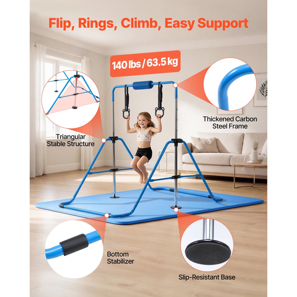 VEVOR Gymnastic Bars for Kids, 140 lbs Capacity Folding Training Kip Bar with Mat, Adjustable Height Gymnastic Horizontal Bar for Home, Training Equipment for Indoor Outdoor, Easy to Assemble, Blue