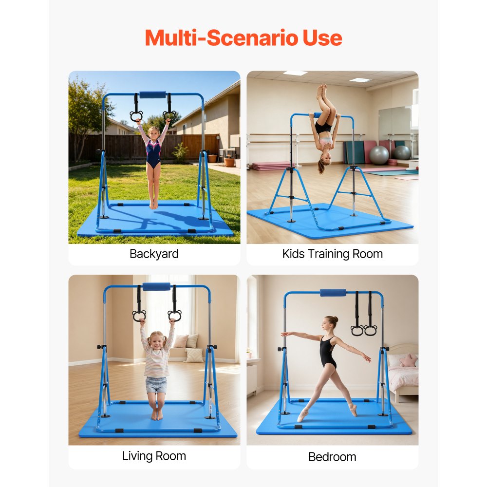 VEVOR Gymnastic Bars for Kids, 140 lbs Capacity Folding Training Kip Bar with Mat, Adjustable Height Gymnastic Horizontal Bar for Home, Training Equipment for Indoor Outdoor, Easy to Assemble, Blue