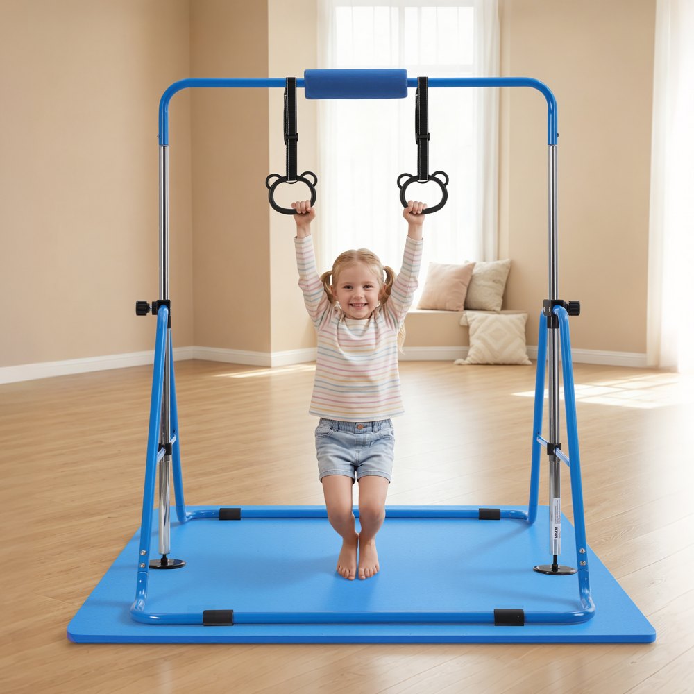 VEVOR Gymnastic Bars for Kids, 140 lbs Capacity Folding Training Kip Bar with Mat, Adjustable Height Gymnastic Horizontal Bar for Home, Training Equipment for Indoor Outdoor, Easy to Assemble, Blue