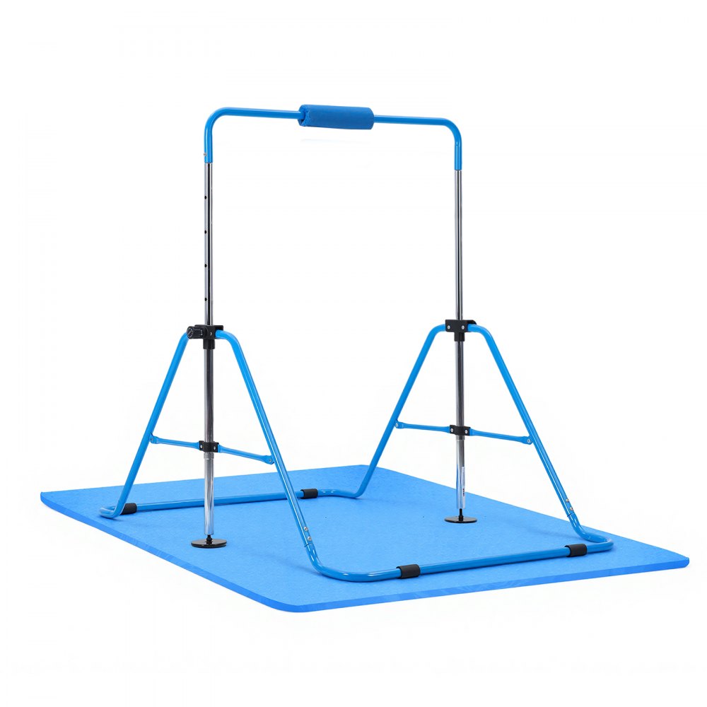 VEVOR Gymnastic Bars for Kids, 140 lbs Capacity Folding Training Kip Bar with Mat, Adjustable Height Gymnastic Horizontal Bar for Home, Training Equipment for Indoor Outdoor, Easy to Assemble, Blue