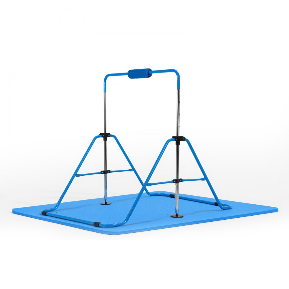 VEVOR Gymnastic Bars for Kids, 140 lbs Capacity Folding Training Kip Bar with Mat, Adjustable Height Gymnastic Horizontal Bar for Home, Training Equipment for Indoor Outdoor, Easy to Assemble, Blue