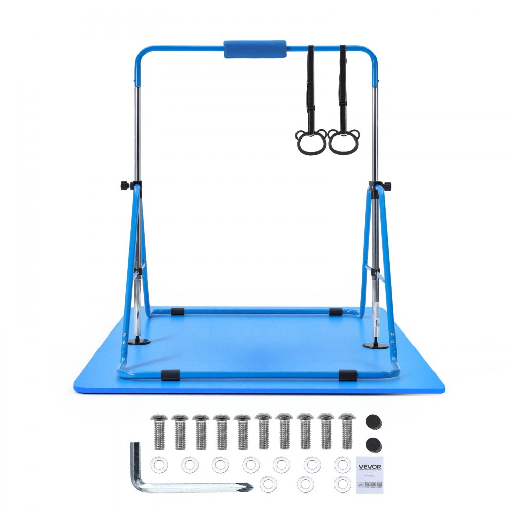 VEVOR Gymnastic Bars for Kids, 140 lbs Capacity Folding Training Kip Bar with Mat, Adjustable Height Gymnastic Horizontal Bar for Home, Training Equipment for Indoor Outdoor, Easy to Assemble, Blue