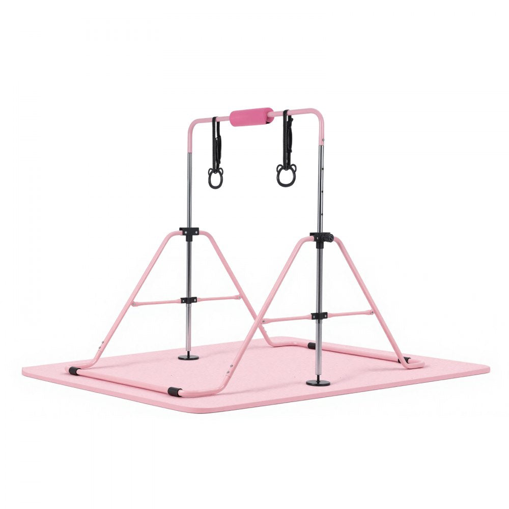 VEVOR Gymnastic Bars for Kids, 140 lbs Capacity Folding Training Kip Bar with Mat, Adjustable Height Gymnastic Horizontal Bar for Home, Training Equipment for Indoor Outdoor, Easy to Assemble, Pink