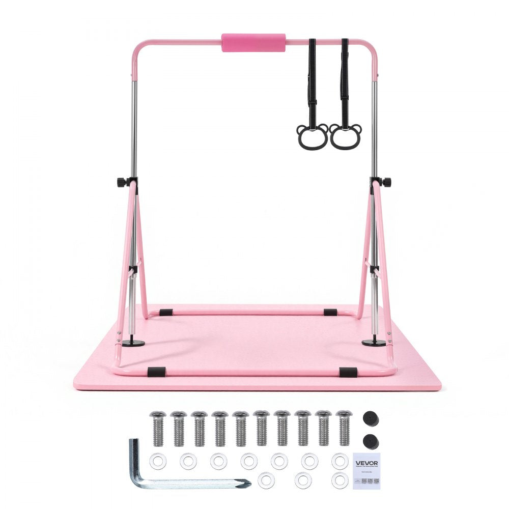 VEVOR Gymnastic Bars for Kids, 140 lbs Capacity Folding Training Kip Bar with Mat, Adjustable Height Gymnastic Horizontal Bar for Home, Training Equipment for Indoor Outdoor, Easy to Assemble, Pink