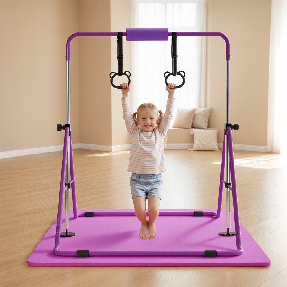 VEVOR Gymnastic Bars for Kids, 140 lbs Capacity Folding Training Kip Bar with Mat, Adjustable Height Gymnastic Horizontal Bar for Home, Training Equipment for Indoor Outdoor, Easy to Assemble, Purple