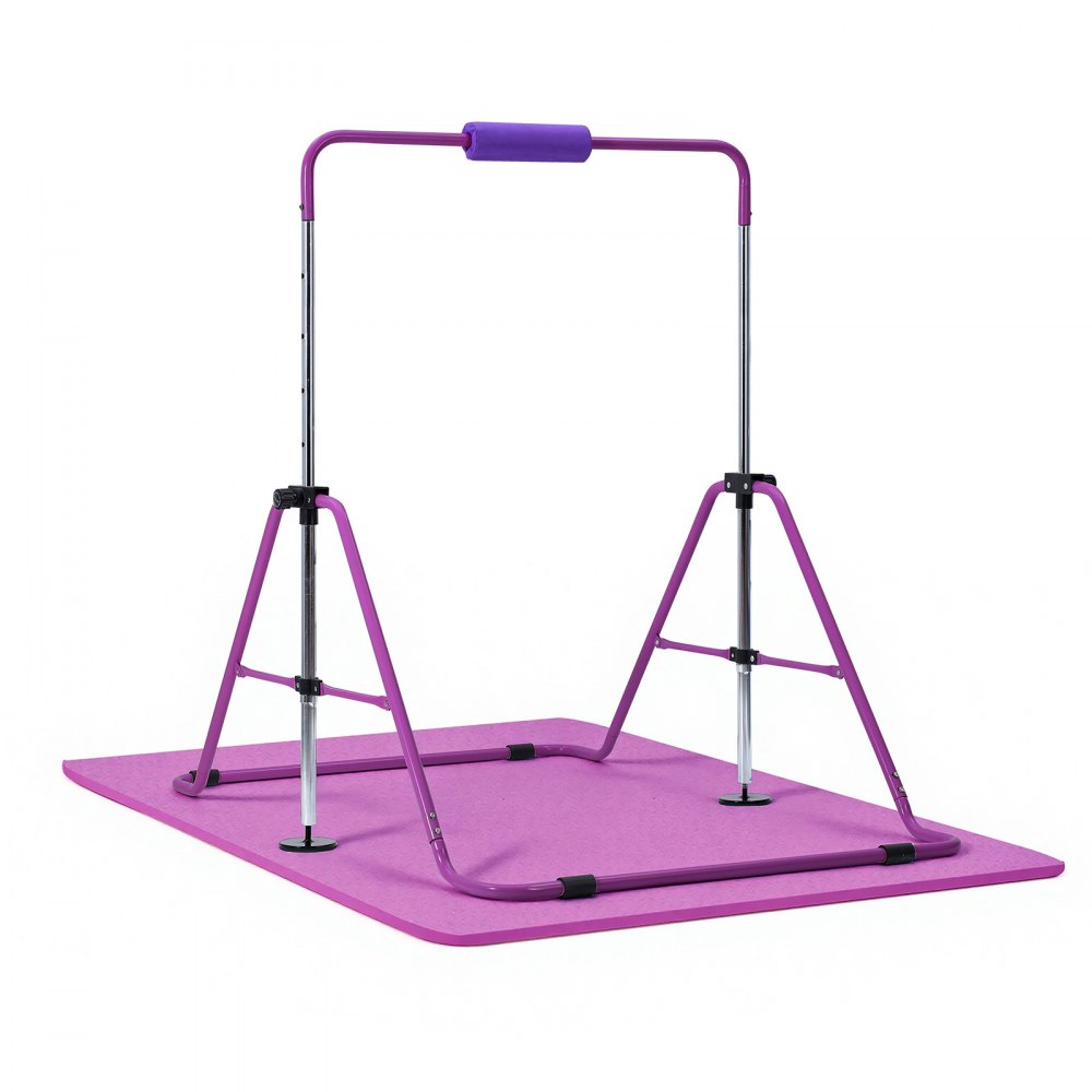 VEVOR Gymnastic Bars for Kids, 140 lbs Capacity Folding Training Kip Bar with Mat, Adjustable Height Gymnastic Horizontal Bar for Home, Training Equipment for Indoor Outdoor, Easy to Assemble, Purple