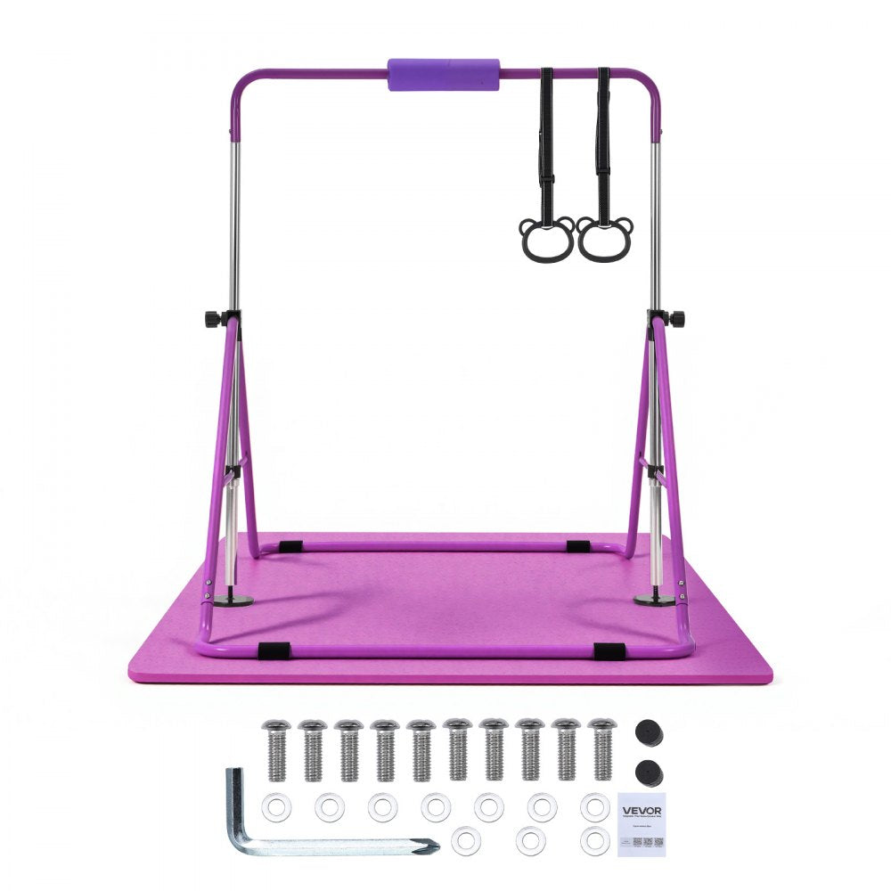 VEVOR Gymnastic Bars for Kids, 140 lbs Capacity Folding Training Kip Bar with Mat, Adjustable Height Gymnastic Horizontal Bar for Home, Training Equipment for Indoor Outdoor, Easy to Assemble, Purple