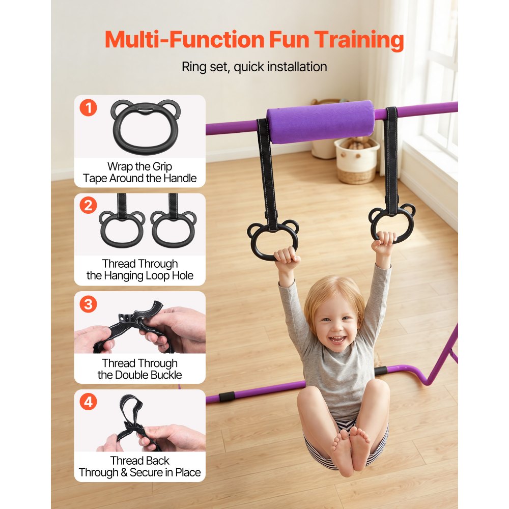 VEVOR Gymnastic Bars for Kids, 140 lbs Capacity Folding Training Kip Bar, Adjustable Height Gymnastic Horizontal Bar for Home, Training Equipment for Indoor and Outdoor, Easy to Assemble, Purple