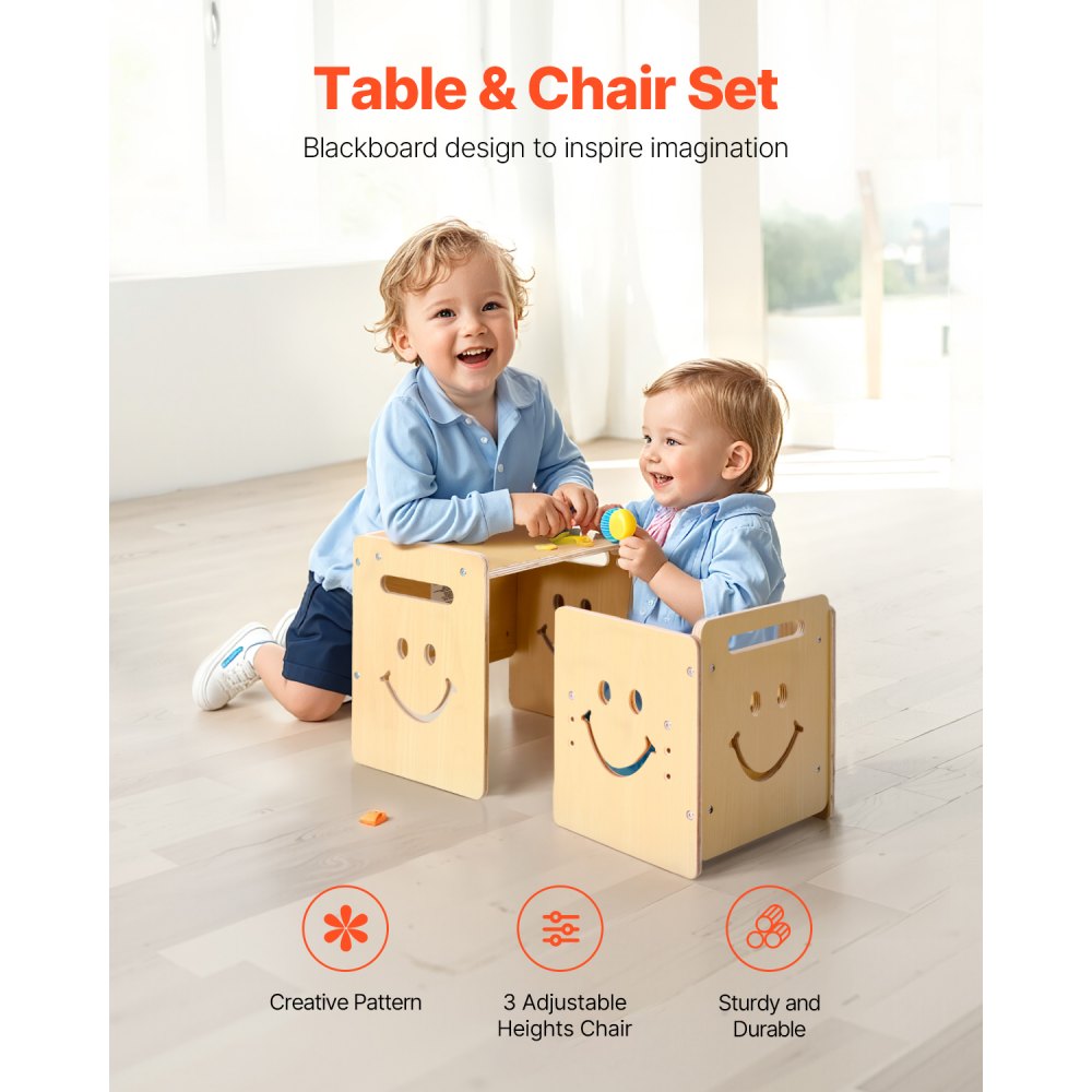 VEVOR Montessori Weaning Table and Chair Set, 3 In 1 Wooden Toddler Table and Chairs with Chalkboard, Adjustable Height Montessori Table for Ages 1-5, Ideal for Drawing, Reading, Eating - Natural