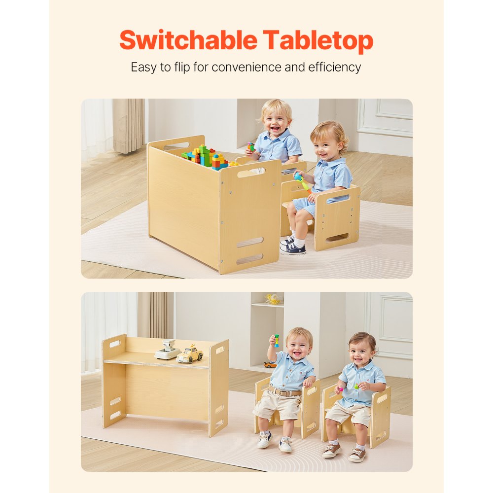 VEVOR Montessori Weaning Table and Chair Set, Wooden Toddler Table and Chair Set with 2 Chairs, Adjustable Height Montessori Chair and Activity Table, Ideal for Reading, Eating, Playing - Natural