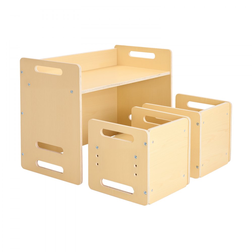 VEVOR Montessori Weaning Table and Chair Set, Wooden Toddler Table and Chair Set with 2 Chairs, Adjustable Height Montessori Chair and Activity Table, Ideal for Reading, Eating, Playing - Natural