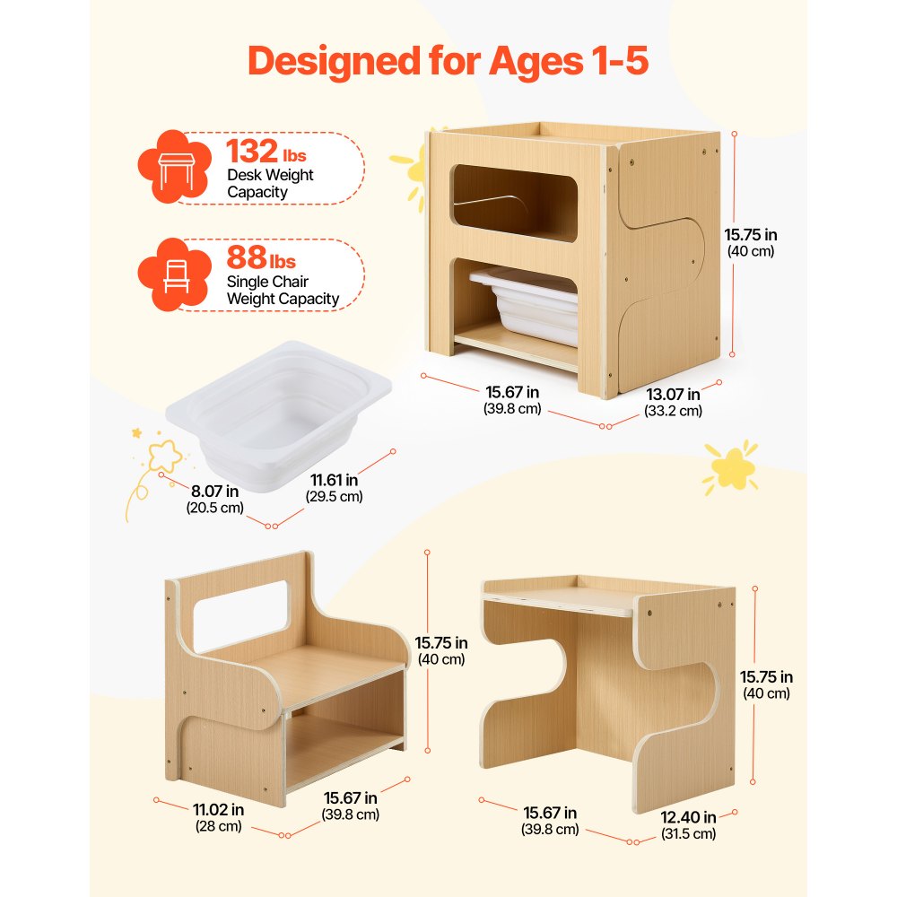 VEVOR Montessori Weaning Table and Chair Set, Wooden, Kids Table and Chair Set for Toddlers 1-5, Step Stool with Blackboard and Storage Space, Easy to Clean, for Eating, Drawing, Reading, Playing