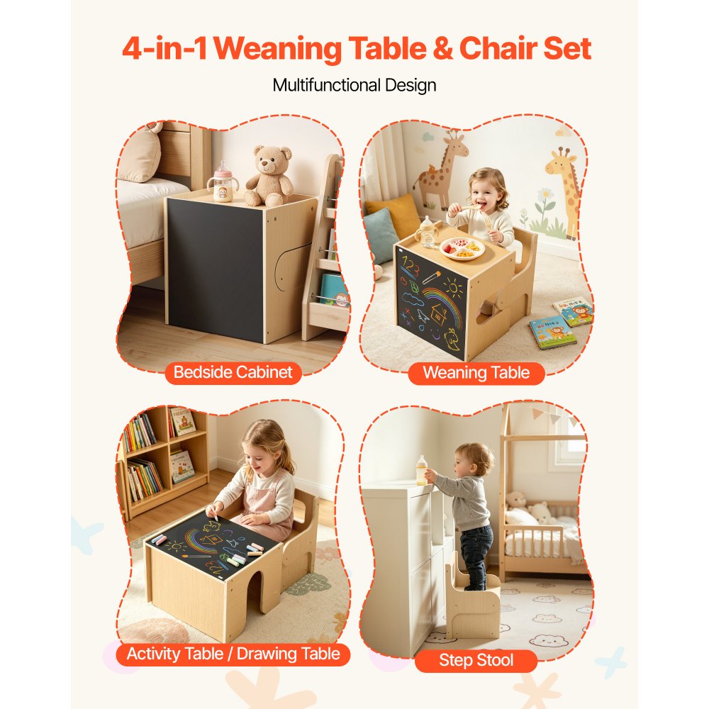 VEVOR Montessori Weaning Table and Chair Set, Wooden, Kids Table and Chair Set for Toddlers 1-5, Step Stool with Blackboard and Storage Space, Easy to Clean, for Eating, Drawing, Reading, Playing