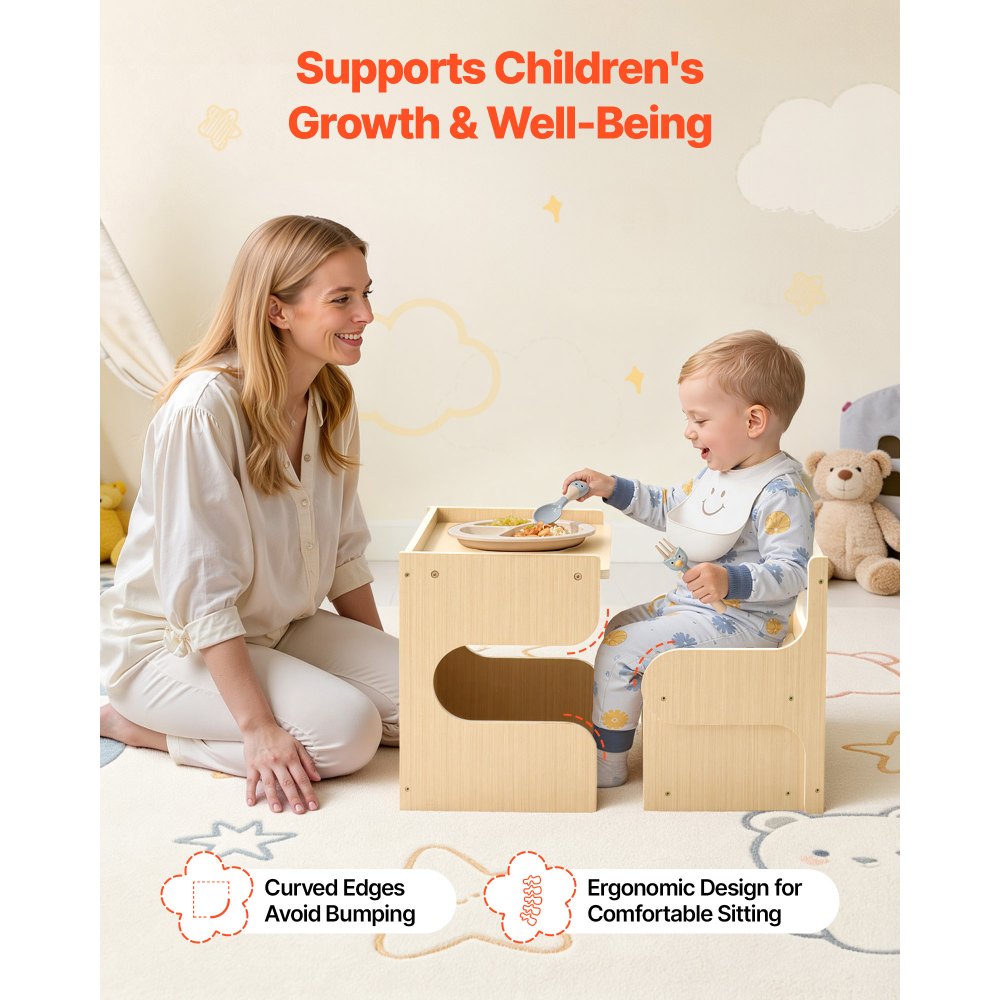 VEVOR Montessori Weaning Table and Chair Set, Wooden, Kids Table and Chair Set for Toddlers 1-5, Step Stool with Blackboard and Storage Space, Easy to Clean, for Eating, Drawing, Reading, Playing
