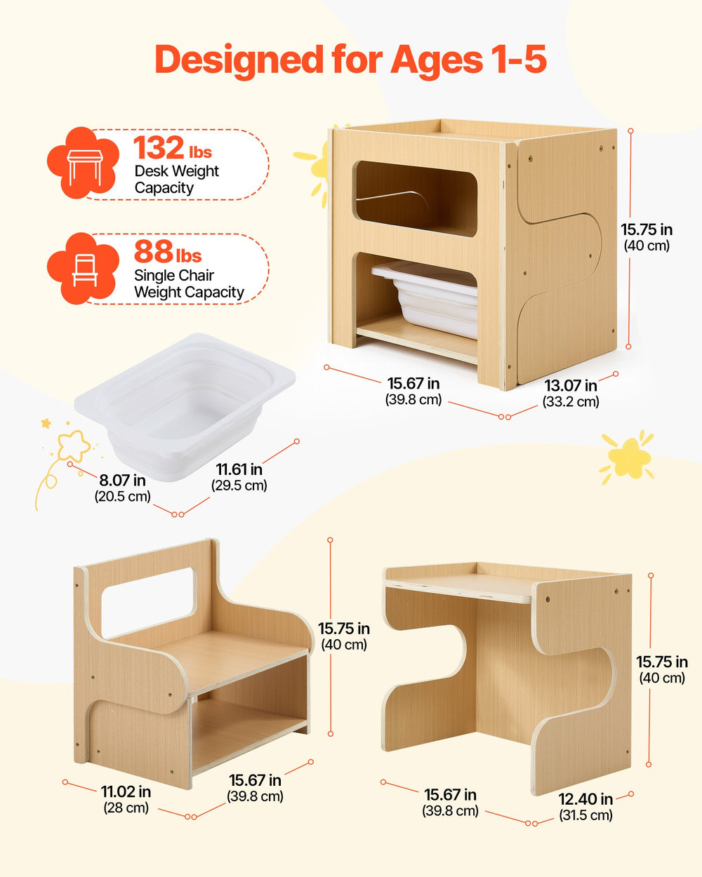 VEVOR Montessori Weaning Table and Chair Set, Wooden, Kids Table and Chair Set for Toddlers 1-5, Step Stool with Blackboard and Storage Space, Easy to Clean, for Eating, Drawing, Reading, Playing